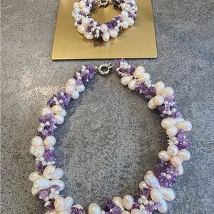 Elegant freshwater Pearl and Purple Beaded Necklace and Bracelet Set